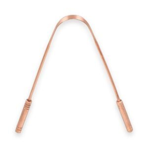 U shaped pure copper tongue cleaner with grooved handles at both ends, on a white background