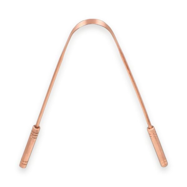 U shaped pure copper tongue cleaner with grooved handles at both ends, on a white background