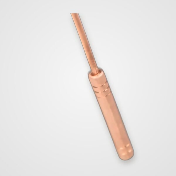 Close up of the grooved copper handle on a pure copper tongue cleaner Caption: Grooved handles for a firm grip