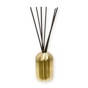 Slim metal reed diffuser vessel with dome lid and brushed gold finish holding seven dark reeds, on a white background