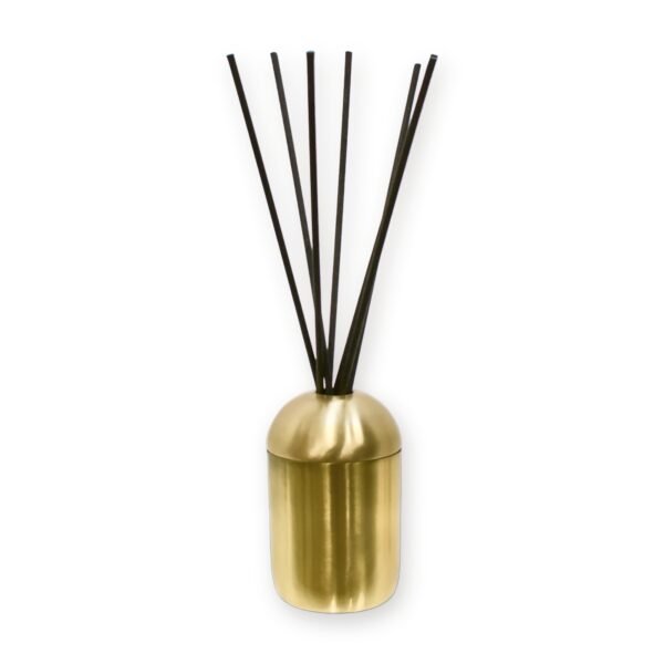 Slim metal reed diffuser vessel with dome lid and brushed gold finish holding seven dark reeds, on a white background